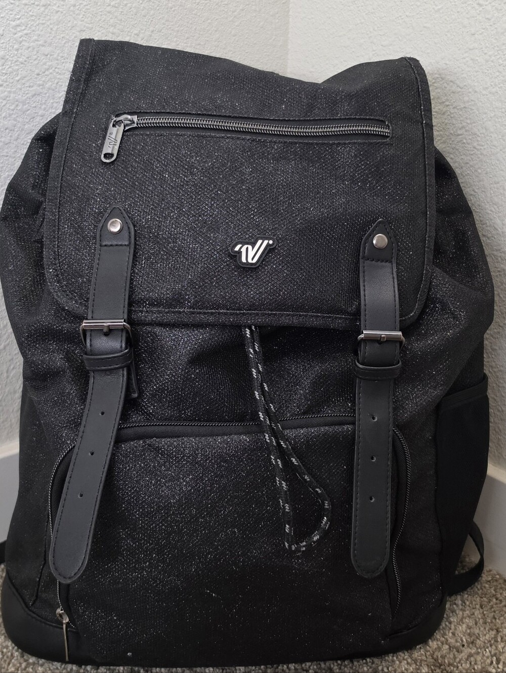 Varsity Black Sparkle Flap Backpack with Buckle Straps